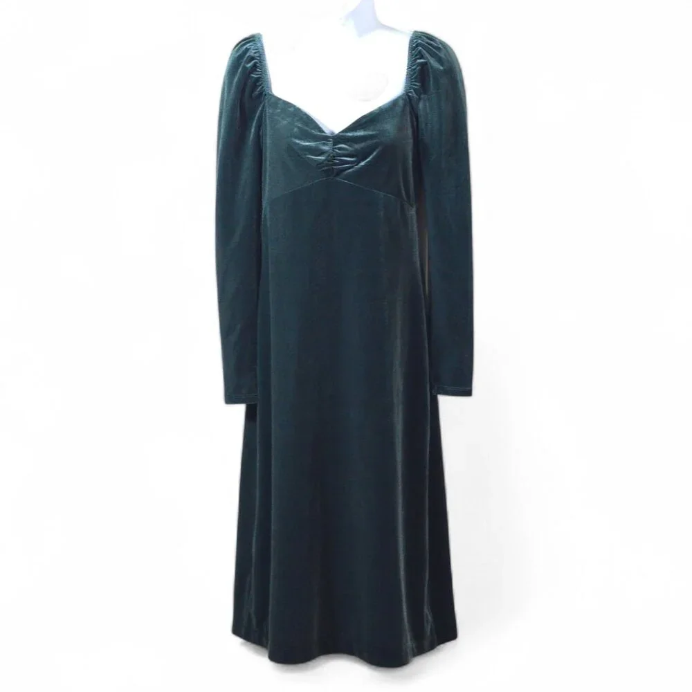 Boden NWT Green Velvet Midi Dress Sweetheart Neck Long Sleeve Holiday Sz 2